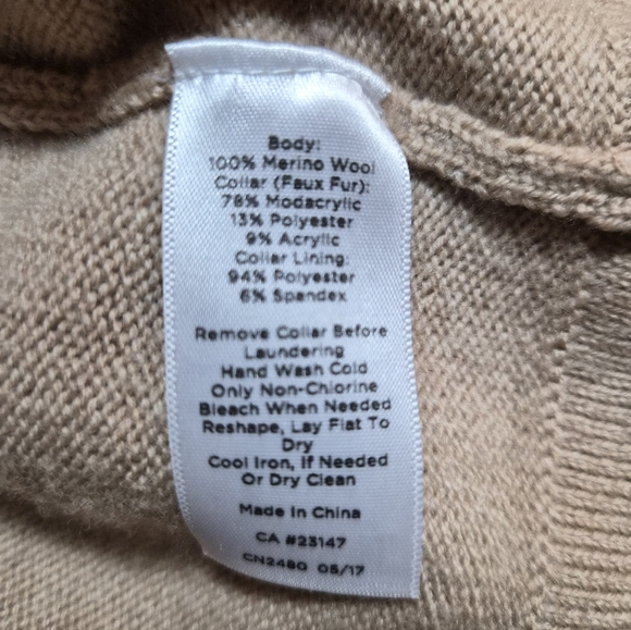 ​Talbots Petites 100% Merino Wool Cardigan with Faux Fur Collar LP Tan Belted - Picture 2 of 11